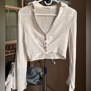 PULL&BEAR Linen Button-Down Crop Shirt